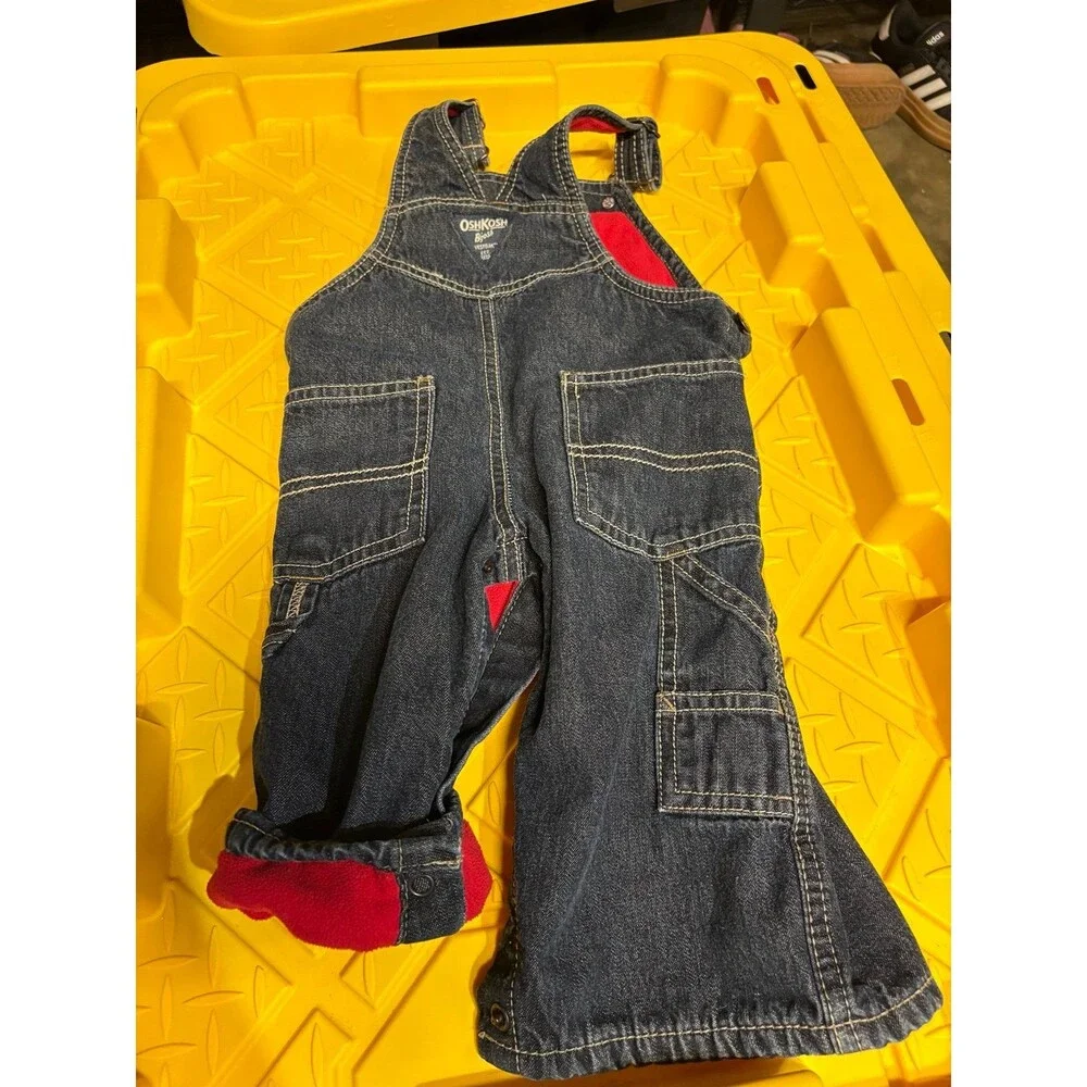 OshKosh B'gosh toddler denim overalls red fleece lining. 9M